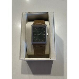 Breda Rectangular Silver Stainless Steel Dress Watch Brown Leather Strap